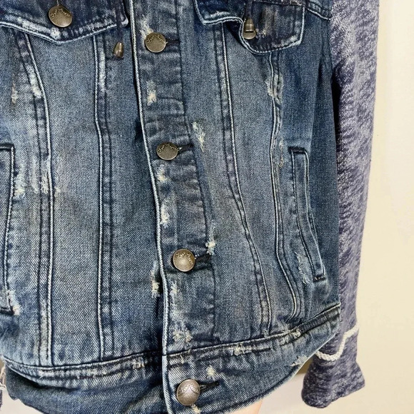 Free People Mixed Media Distressed Denim Jacket  with Knit Sleeves - Picture 11 of 16